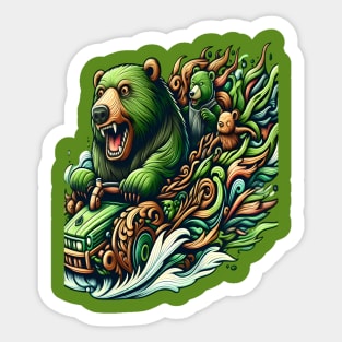 Animated Bears Riding a Green Car in a Vibrant Fantasy Illustration Sticker